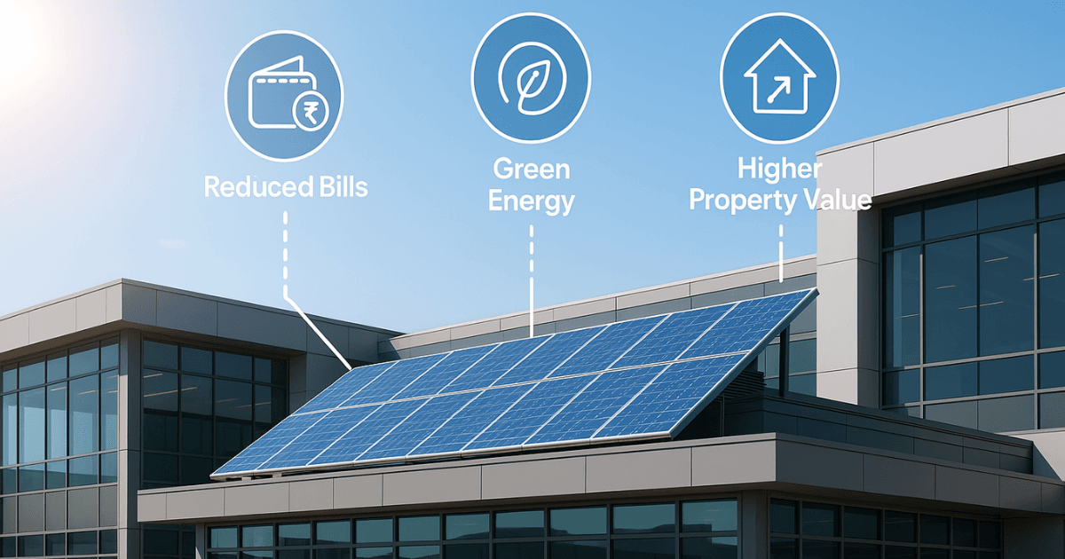 Switching to solar commercial building with solar panel which reduce bills, green energy and higher property value.