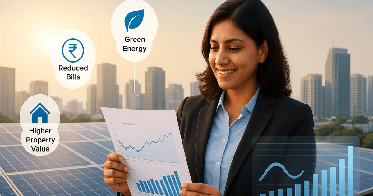 a girl with a happy face after switching to solar panel. 