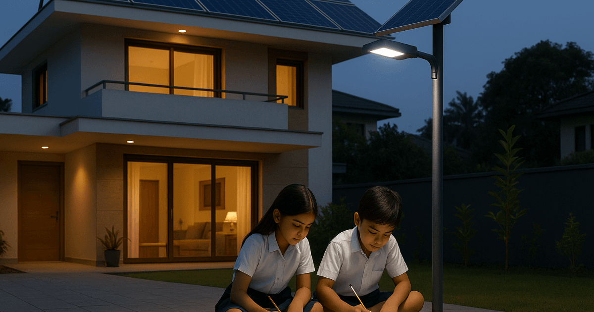 A modern home in Dehradun or Delhi with rooftop solar panels and children studying under solar-powered lights