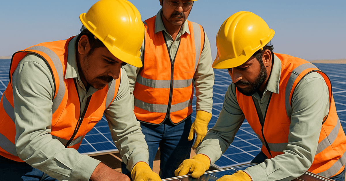 Close-up of solar panel workers installing solar panels in Bhadla under clear skies, wearing safety gear and uniforms
