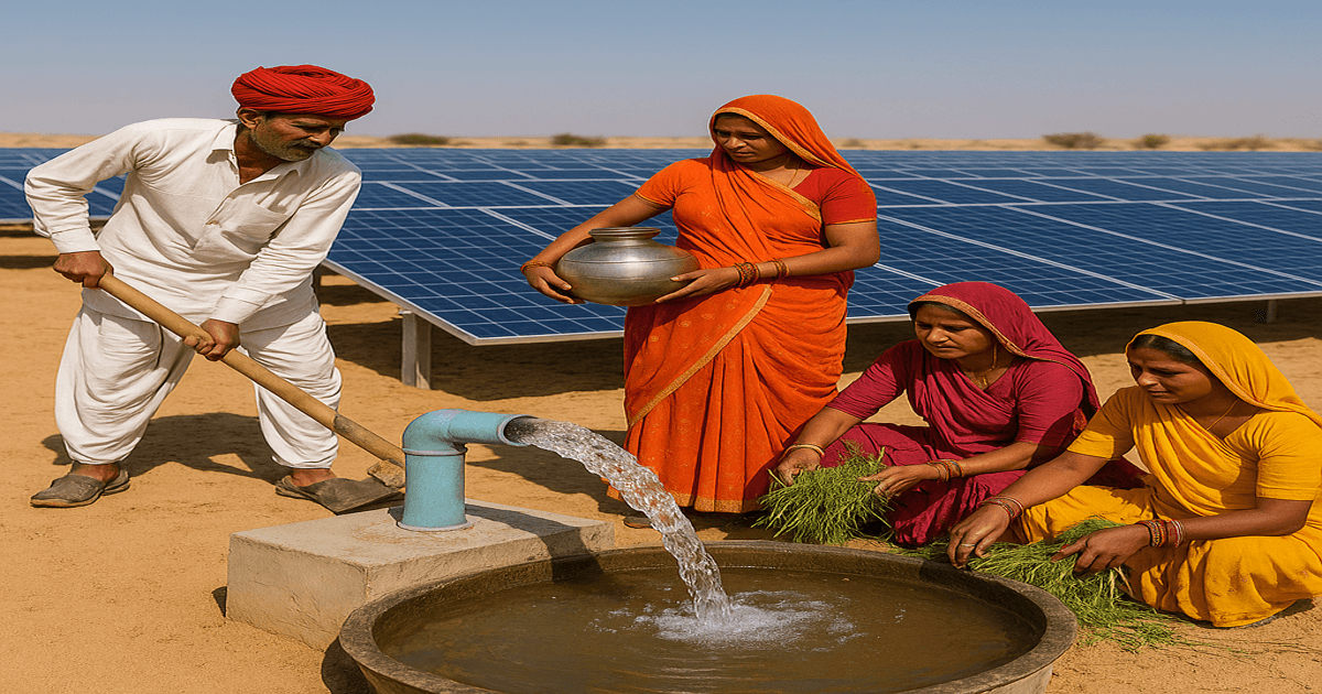 Local villagers, including women, working near solar panels or using solar-powered water pumps in rural Rajasthan Local villagers, including women, working near solar panels or using solar-powered water pumps in rural Rajasthan