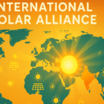 A vibrant global map glowing with solar icons across continents, with the sun shining over India and France. A clean energy banner reading "International Solar Alliance" in the background. Warm, optimistic lighting symbolizing global unity and renewable energy.