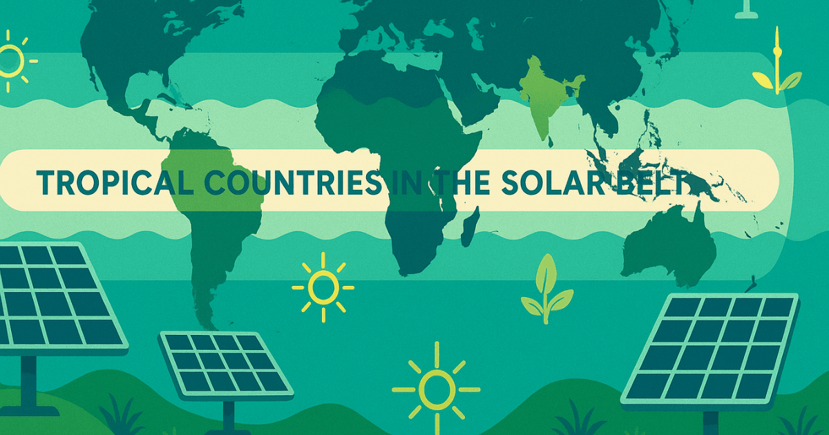 International Solar Alliance illustration of tropical countries in a solar belt map, surrounded by solar panels, sun symbols, and renewable icons. Emphasis on unity and solar collaboration. Futuristic, eco-themed color palette.