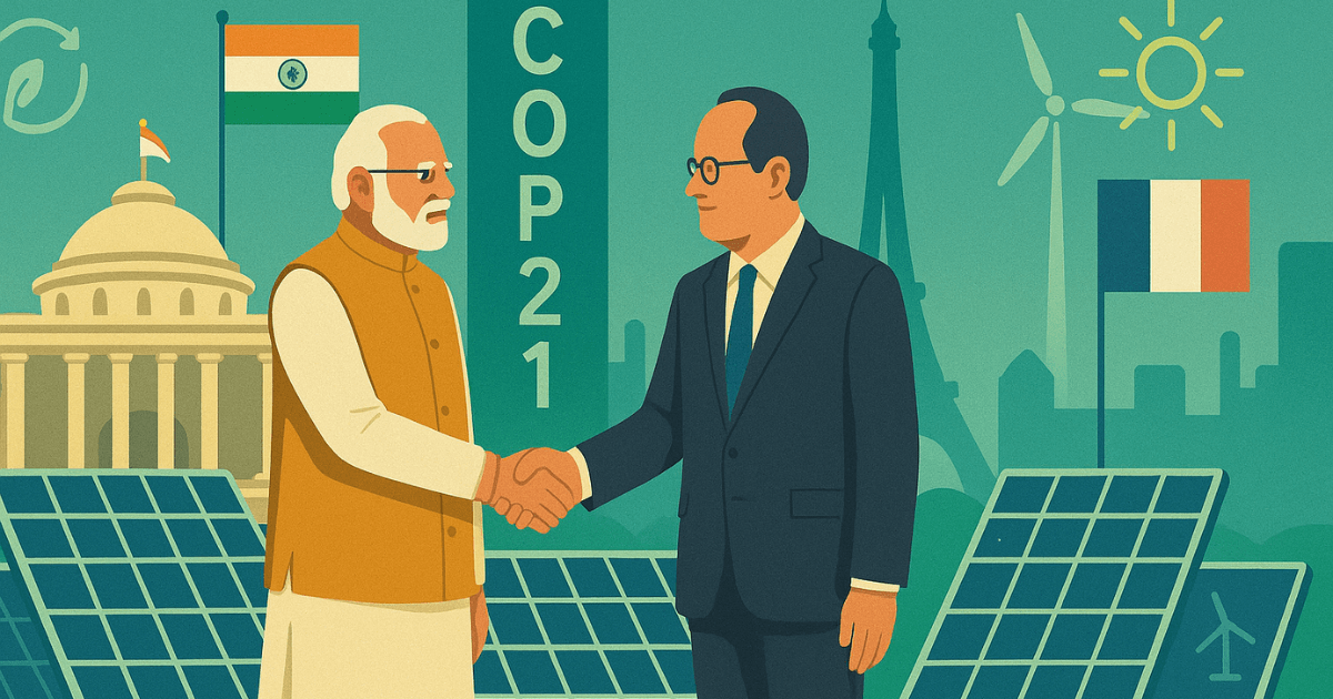 International Solar Alliance, A scene of Indian and French leaders shaking hands in front of solar panels, with the Eiffel Tower and Indian Parliament in the background. COP21 banners and sustainable energy symbols around.
