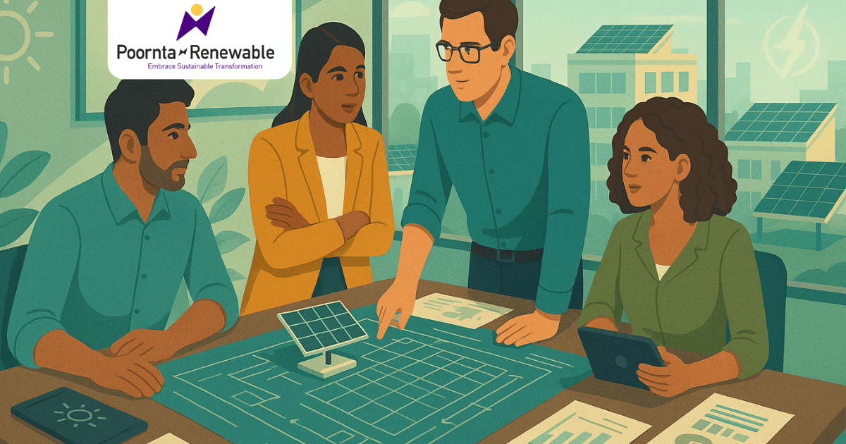 International Solar Alliance, a team from a solar startup discussing solar project blueprints. Rooftop solar installations and solar panels in the background.