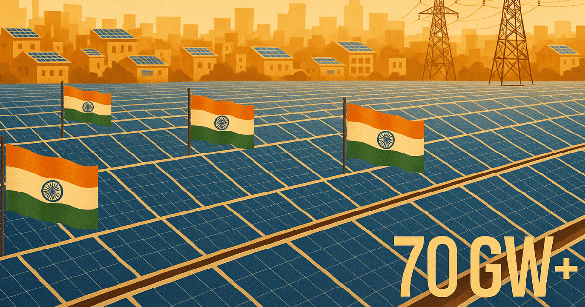 International Solar Alliance solar farms in India with Indian flags, transmission towers, and digital stats like “70 GW+” in the corner. Background of Indian cities with solar rooftops.