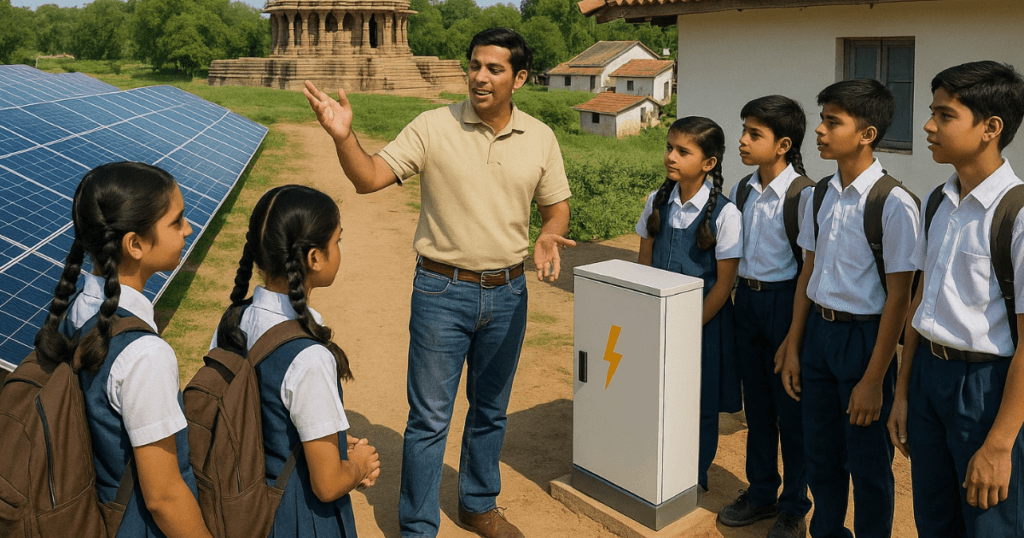 A group of students on a field trip observing solar infrastructure at Modhera in Gujarat, with a tour guide explaining panels and a solar battery storage unit.