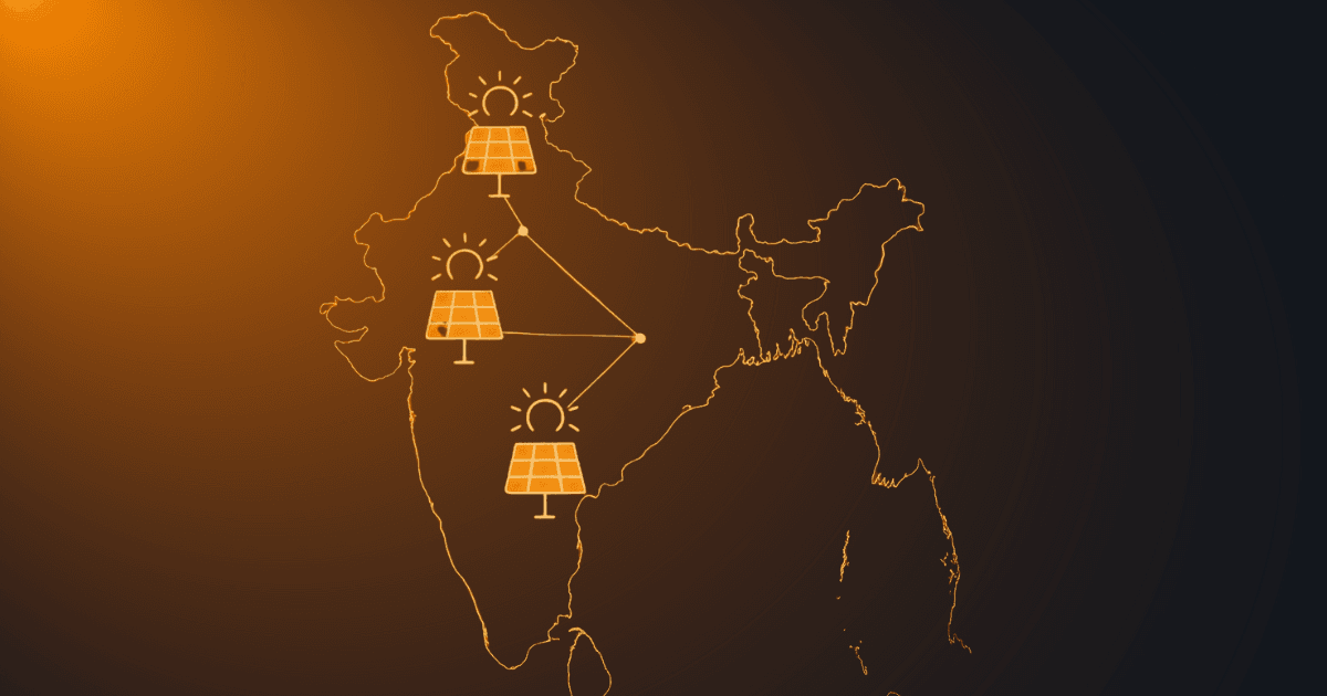 Map of India glowing with solar icons from Delhi to Dehradun and Gujarat, symbolizing solar energy expansion across the country.