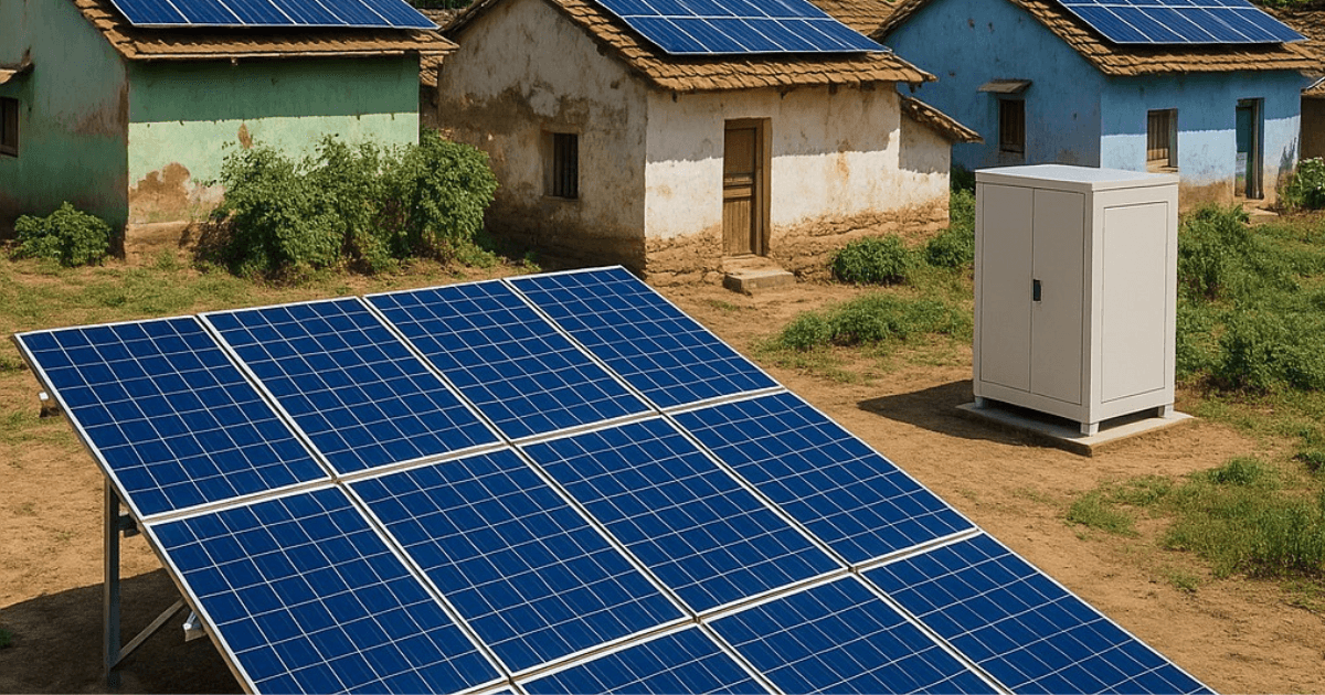 Ground-mounted solar plant and rooftops with solar panels, battery storage unit beside a small house, in a rural Indian setting. Ground-mounted solar plant and rooftops with solar panels, battery storage unit beside a small house, in a rural Indian setting.