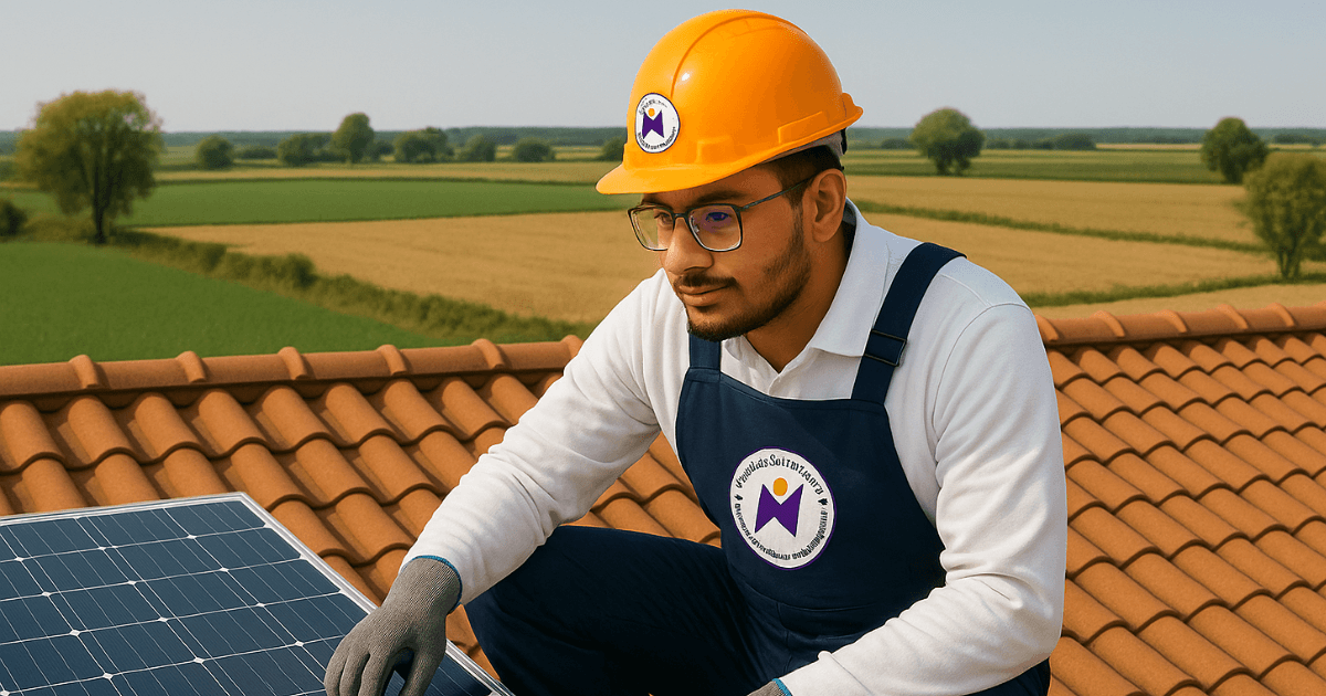 At Modhera in Gujarat a technician from a solar company (in logo-uniform) installing solar panels on a rooftop with a background of rural fields, with a Poornta X Renewable branding element.