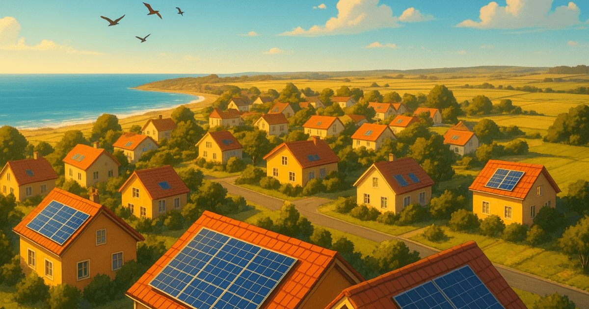 A sunlit coastal town with solar powered panels on rooftops and open fields, birds flying in a clear blue sky, and homes lit up in warm sunlight – symbolizing sustainable transformation.