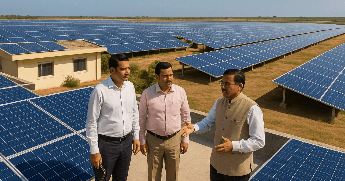 Government officials inspecting solar panel installations in Diu, rooftop solar panels on buildings, and large-scale ground-mounted solar arrays under bright sunlight.