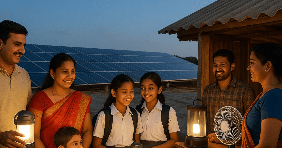 Happy families, school children, and small businesses in Diu using lights and appliances, with a background of rooftop solar panels under a clear blue sky.