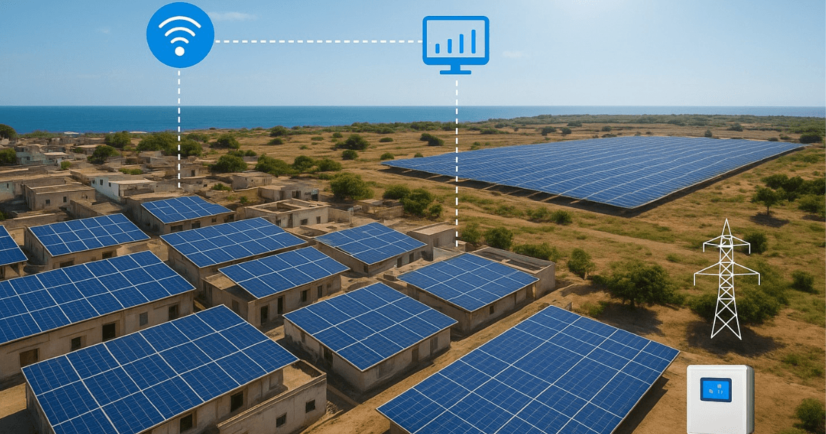 Bird’s-eye view  spread across rooftops and open land in Diu, with smart grids and monitoring equipment shown in action, under a clear sunny sky.